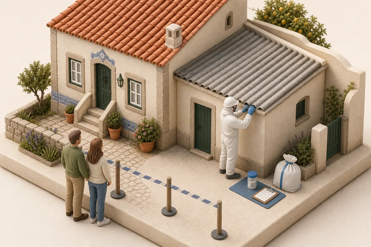 Buyer couple watches from a safe distance while a specialist assesses a corrugated fibre-cement roof on a Portuguese home annex
