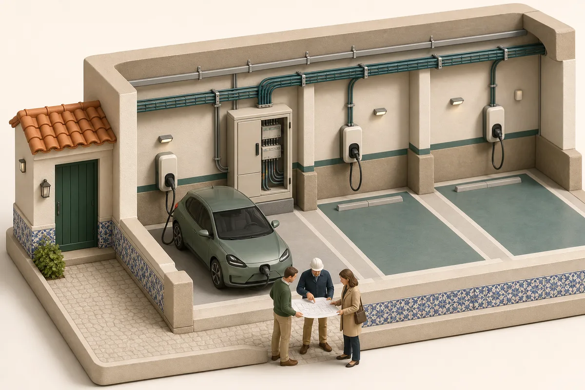 Buyer, engineer and condominium manager review the electrical route for three chargers connected to a central cabinet in a condominium garage