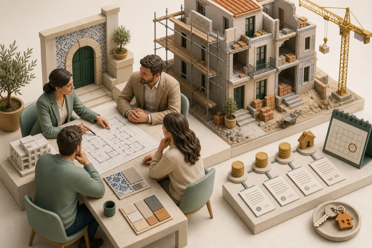 Buyers and advisor reviewing floor plans, staged payments and a building under construction before signing an off-plan CPCV