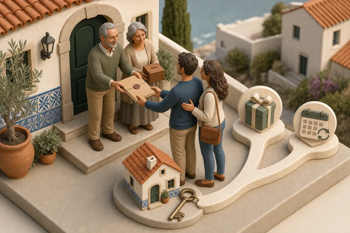 Parents hand a buyer couple a transfer folder and savings box at the entrance of a Portuguese home to choose between a gift and loan before the CPCV