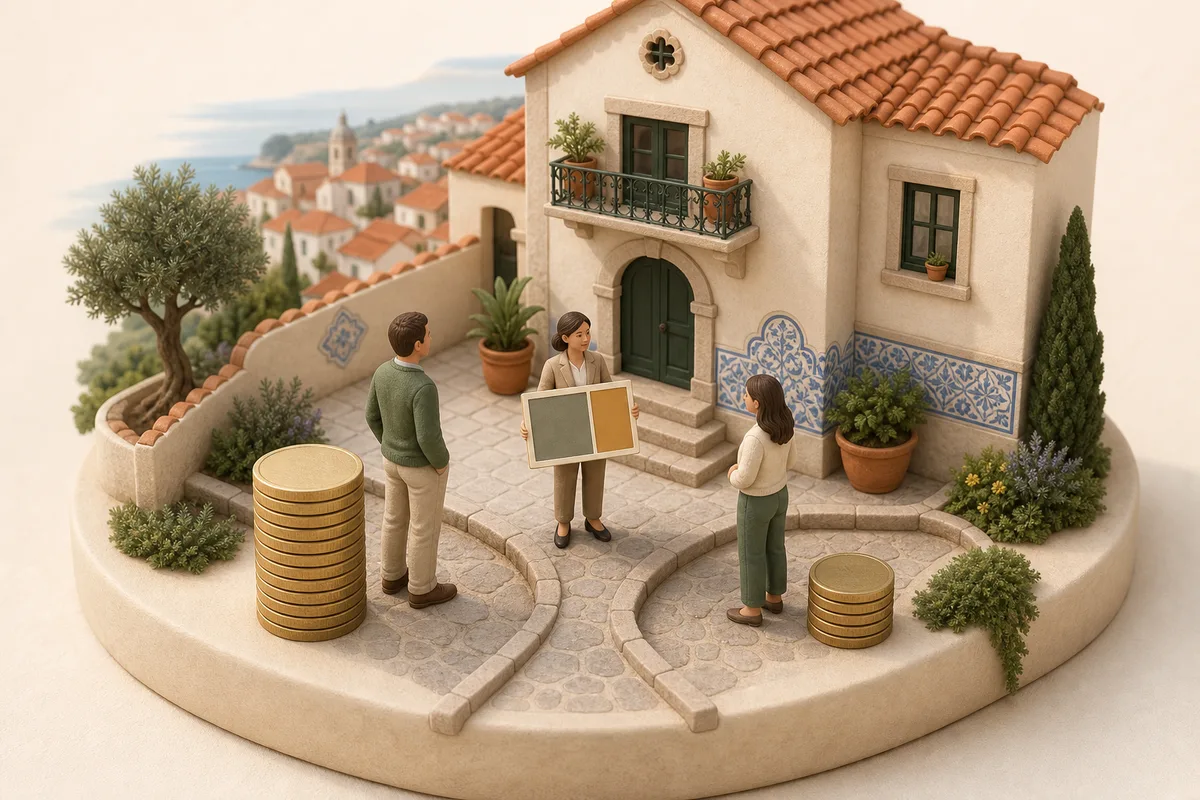 Buyer couple and adviser align two unequal contributions, ownership shares and mortgage before entering a Portuguese home