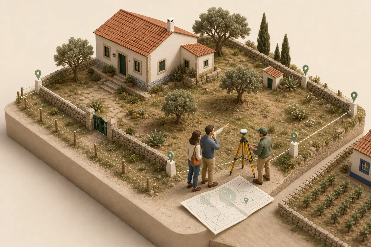 Compradores e topógrafo a verificar marcos, muro, mapa cadastral e limites de terreno junto a uma moradia portuguesa antes do CPCV