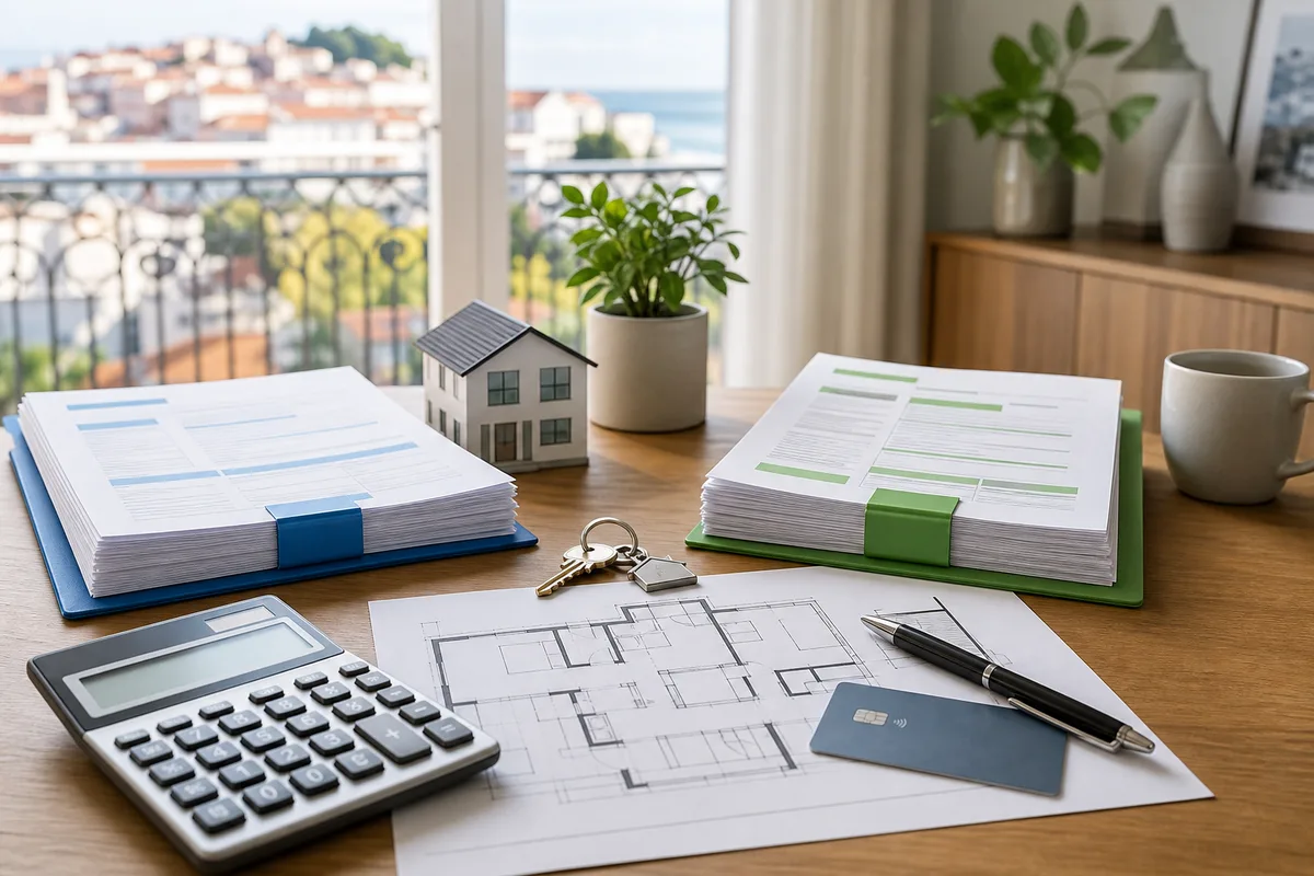 Documentos de crédito habitação, calculadora e chaves sobre uma mesa