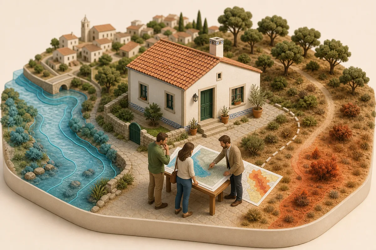 Buyers and advisor reviewing flood and fire-risk maps beside a Portuguese home near a stream and dry woodland