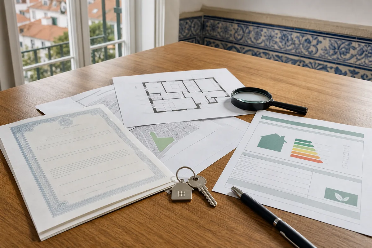Home purchase documents, floor plan, magnifying glass and keys on a table in a Portuguese home